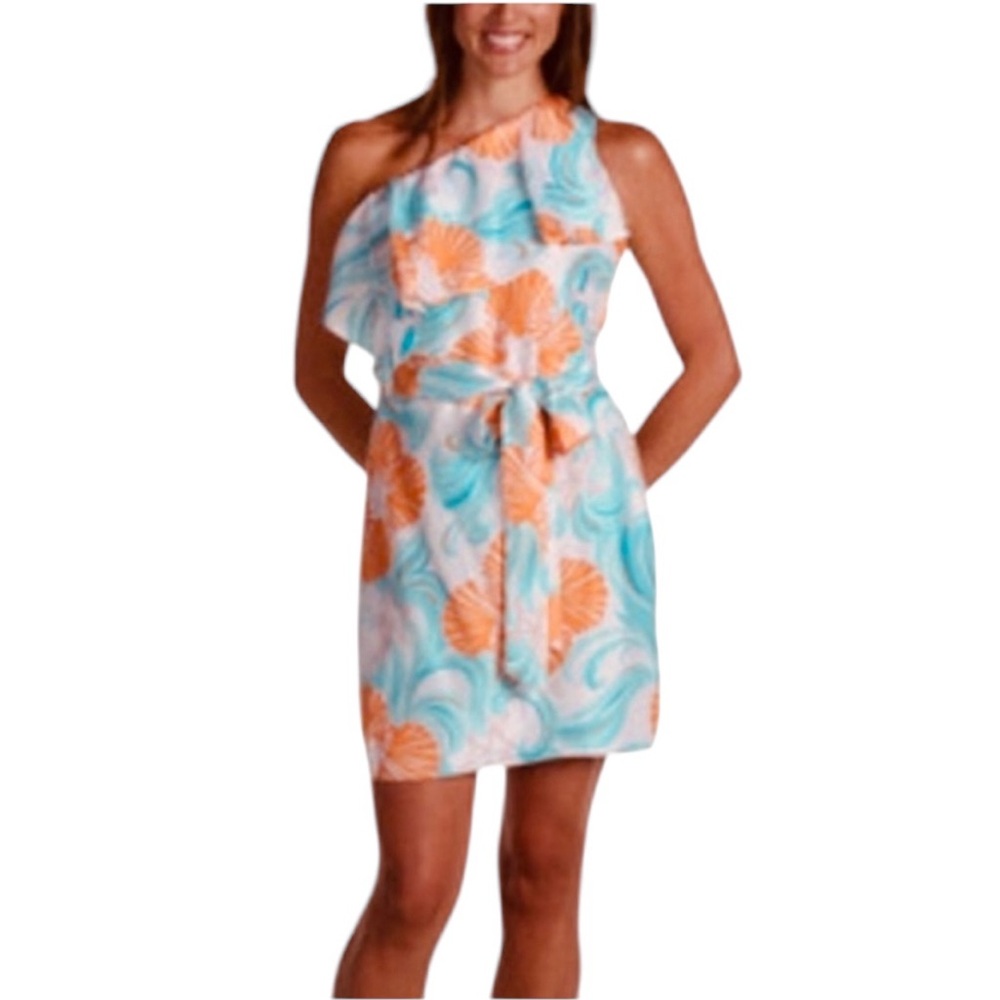 LILLY PULITZER KENDALL SILK HABOTA DO THE WAVE BLUE PEACH DRESS 6